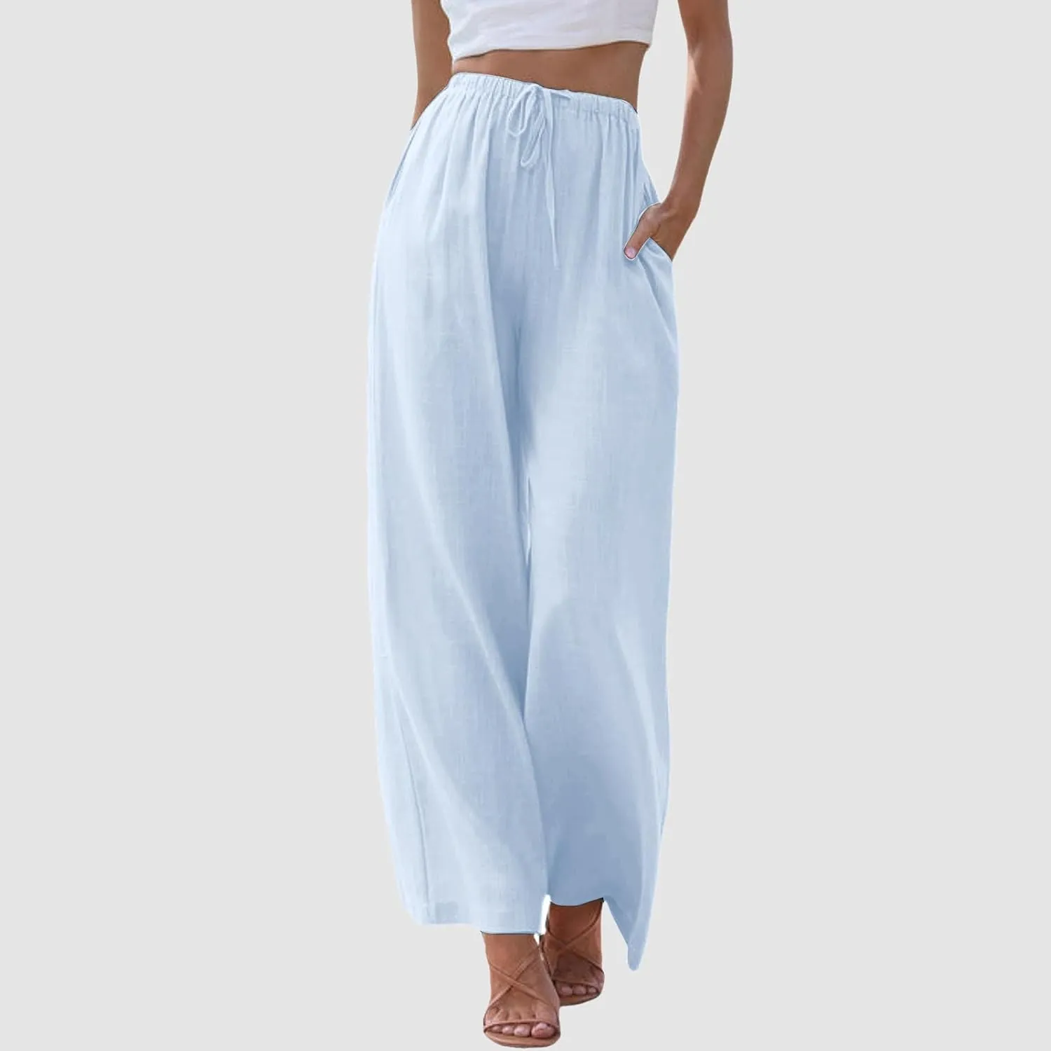 Linen Pants Women Summer Palazzo Pants Flowy Wide Leg High Elastic Waist Drawstring Trousers Loose Beach Pants with Pocket