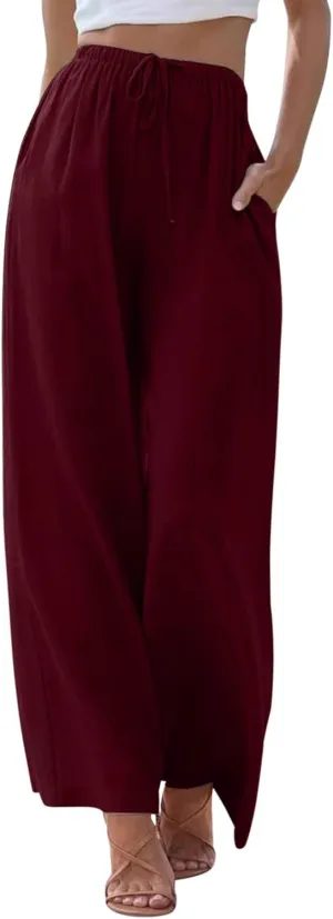 Linen Pants Women Summer Palazzo Pants Flowy Wide Leg High Elastic Waist Drawstring Trousers Loose Beach Pants with Pocket