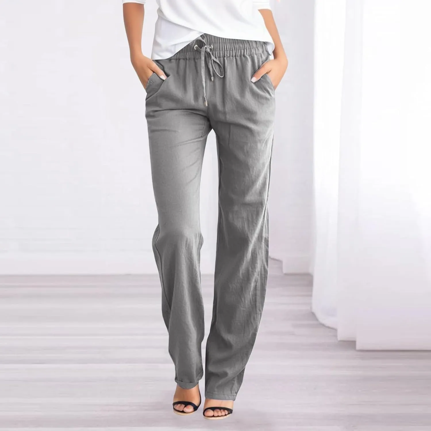 Linen Pants Women Summer Wide Leg Straight Dress Cotton Linen Pants Elastic Waist Palazzo Pants Trousers with Pockets
