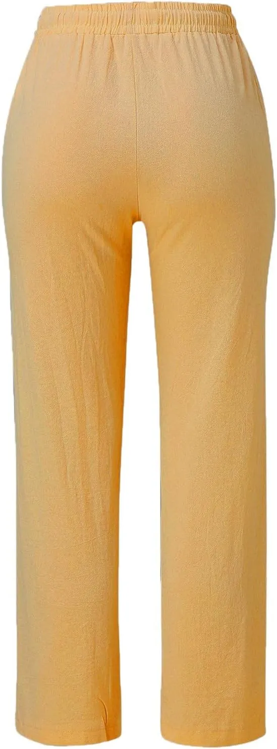 Linen Pants Women Summer Wide Leg Straight Dress Cotton Linen Pants Elastic Waist Palazzo Pants Trousers with Pockets