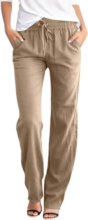 Linen Pants Women Summer Wide Leg Straight Dress Cotton Linen Pants Elastic Waist Palazzo Pants Trousers with Pockets