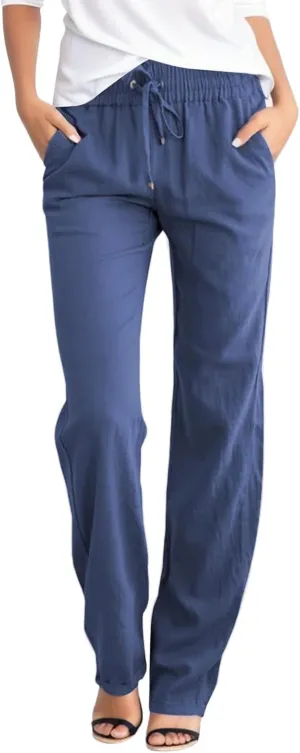 Linen Pants Women Summer Wide Leg Straight Dress Cotton Linen Pants Elastic Waist Palazzo Pants Trousers with Pockets