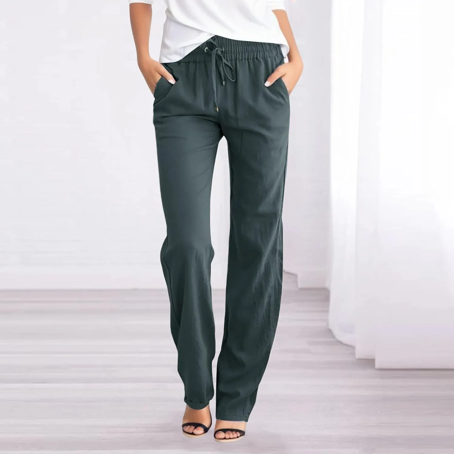 Linen Pants Women Summer Wide Leg Straight Dress Cotton Linen Pants Elastic Waist Palazzo Pants Trousers with Pockets