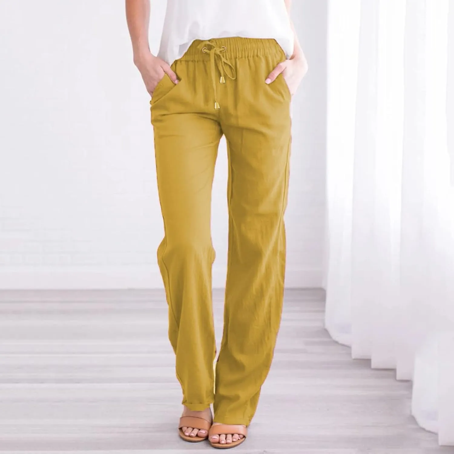 Linen Pants Women Summer Wide Leg Straight Dress Cotton Linen Pants Elastic Waist Palazzo Pants Trousers with Pockets