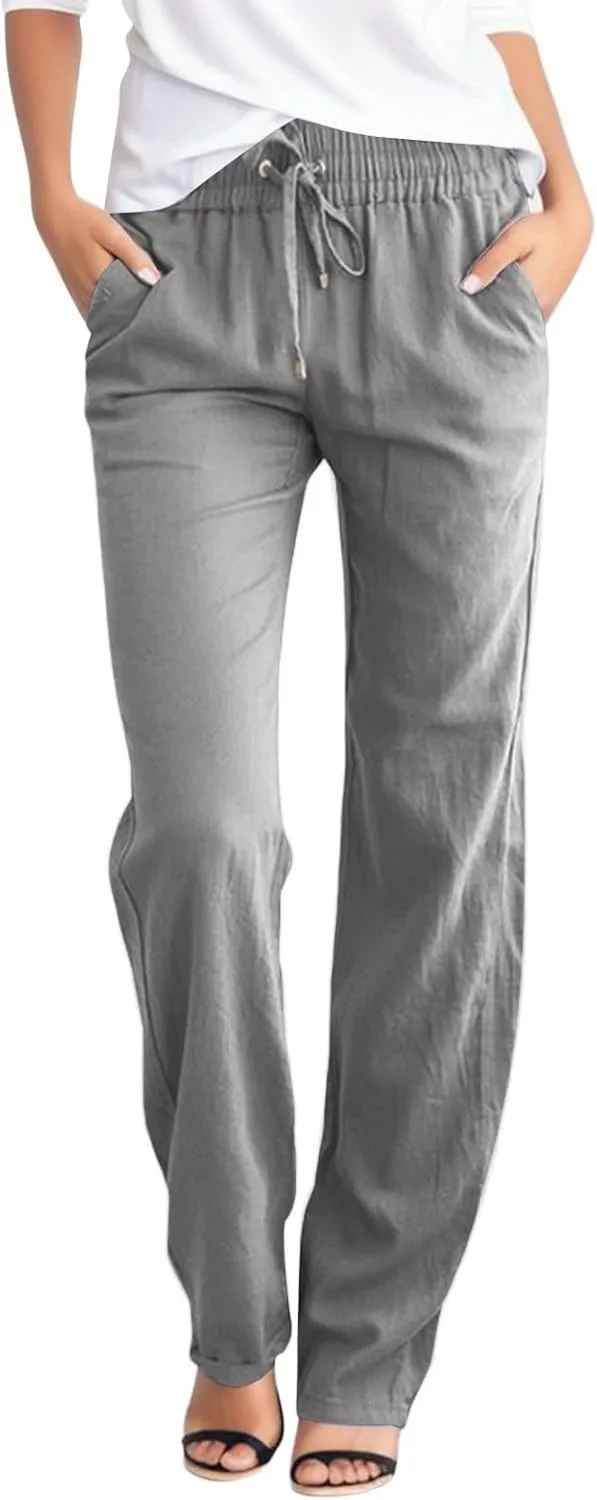 Linen Pants Women Summer Wide Leg Straight Dress Cotton Linen Pants Elastic Waist Palazzo Pants Trousers with Pockets
