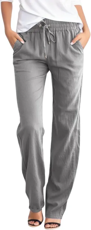 Linen Pants Women Summer Wide Leg Straight Dress Cotton Linen Pants Elastic Waist Palazzo Pants Trousers with Pockets
