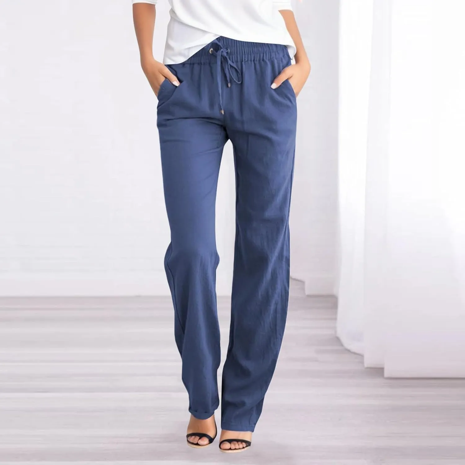 Linen Pants Women Summer Wide Leg Straight Dress Cotton Linen Pants Elastic Waist Palazzo Pants Trousers with Pockets
