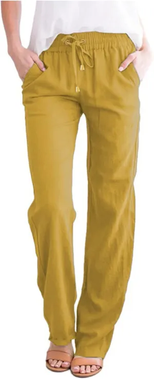 Linen Pants Women Summer Wide Leg Straight Dress Cotton Linen Pants Elastic Waist Palazzo Pants Trousers with Pockets