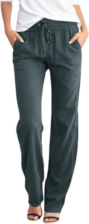 Linen Pants Women Summer Wide Leg Straight Dress Cotton Linen Pants Elastic Waist Palazzo Pants Trousers with Pockets