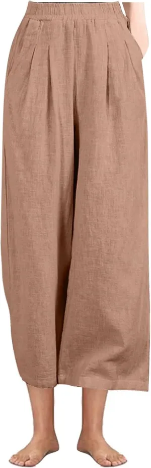 Linen Pants Women Wide Leg High Waist Elastic Pants Casual Summer Beach Comfy Palazzo for Home Workwear Trousers