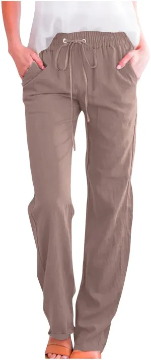 Linen Pants Womens Cotton Linen Straight Leg Lightweight Pant Summer Trouser Plus Size Women Loose Fit Slacks Trousers