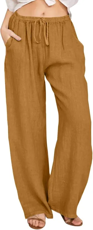 Linen Wide Leg Pants for Women Cotton Boho Elastic Waist Pants with Pockets 2025 Summer Business Causal Palazzo Pants
