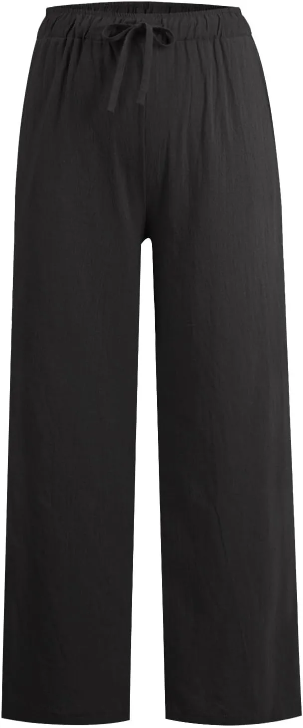 Linen Wide Leg Pants for Women Cotton Boho Elastic Waist Pants with Pockets 2025 Summer Business Causal Palazzo Pants