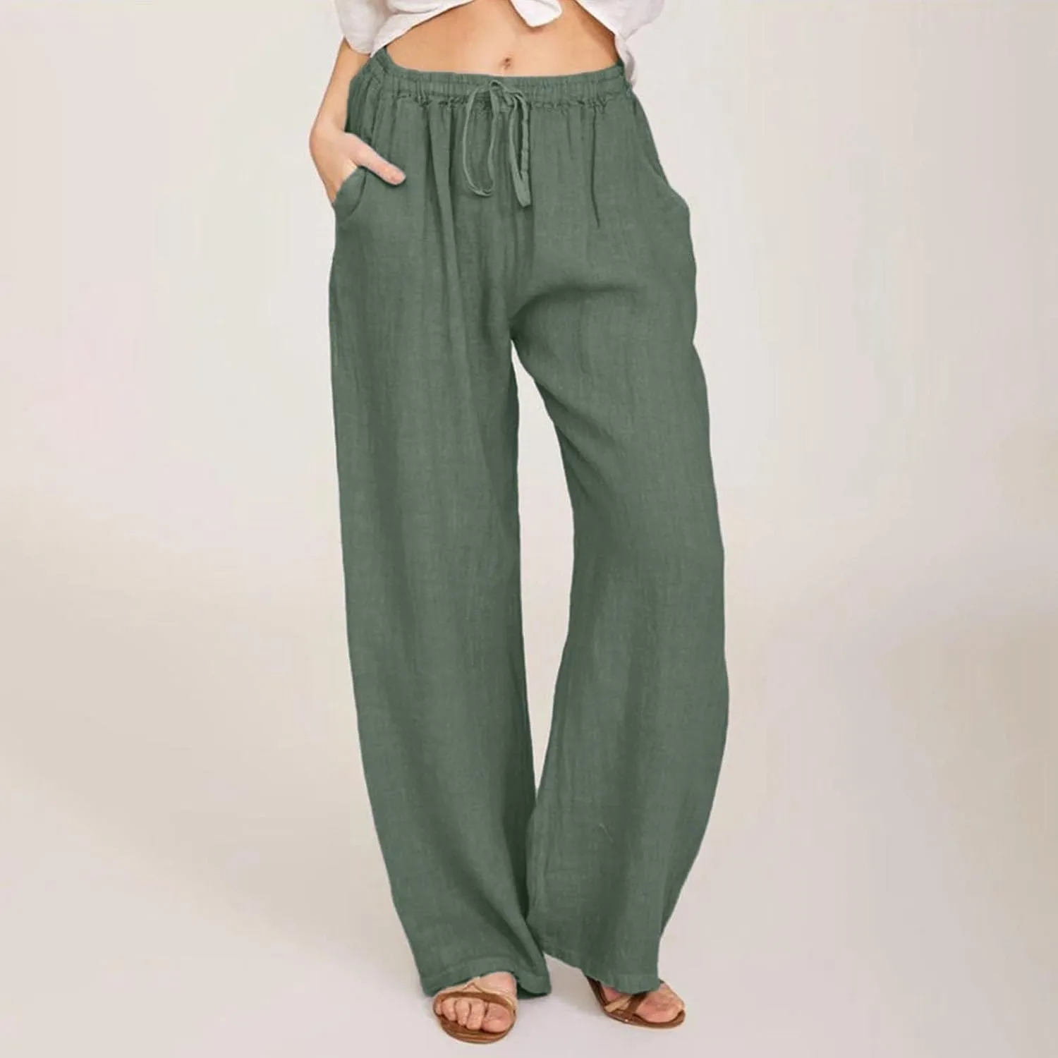 Linen Wide Leg Pants for Women Cotton Boho Elastic Waist Pants with Pockets 2025 Summer Business Causal Palazzo Pants