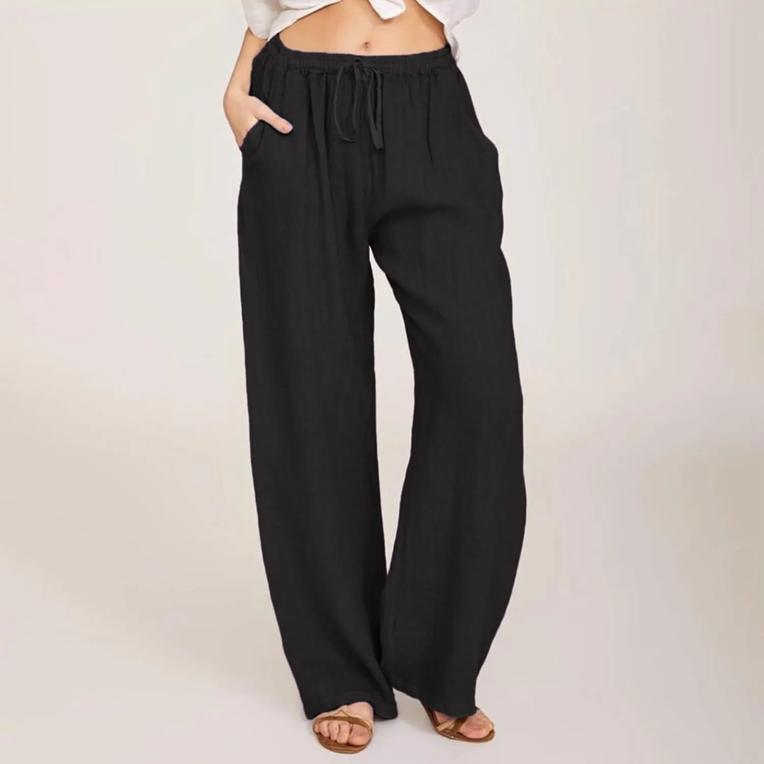 Linen Wide Leg Pants for Women Cotton Boho Elastic Waist Pants with Pockets 2025 Summer Business Causal Palazzo Pants