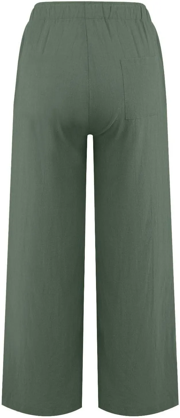 Linen Wide Leg Pants for Women Cotton Boho Elastic Waist Pants with Pockets 2025 Summer Business Causal Palazzo Pants