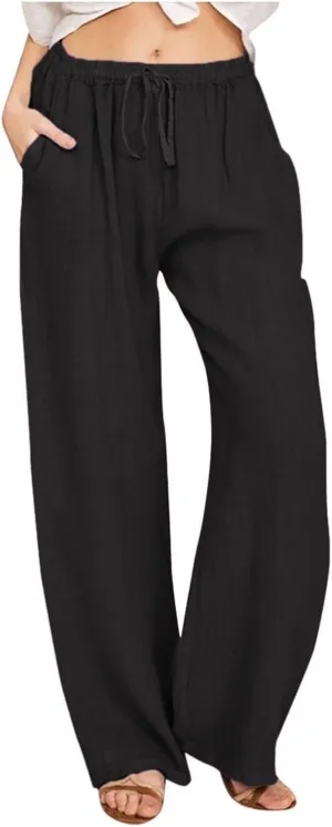 Linen Wide Leg Pants for Women Cotton Boho Elastic Waist Pants with Pockets 2025 Summer Business Causal Palazzo Pants