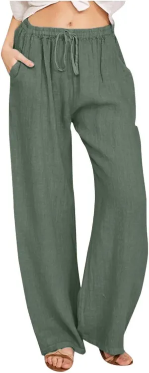 Linen Wide Leg Pants for Women Cotton Boho Elastic Waist Pants with Pockets 2025 Summer Business Causal Palazzo Pants