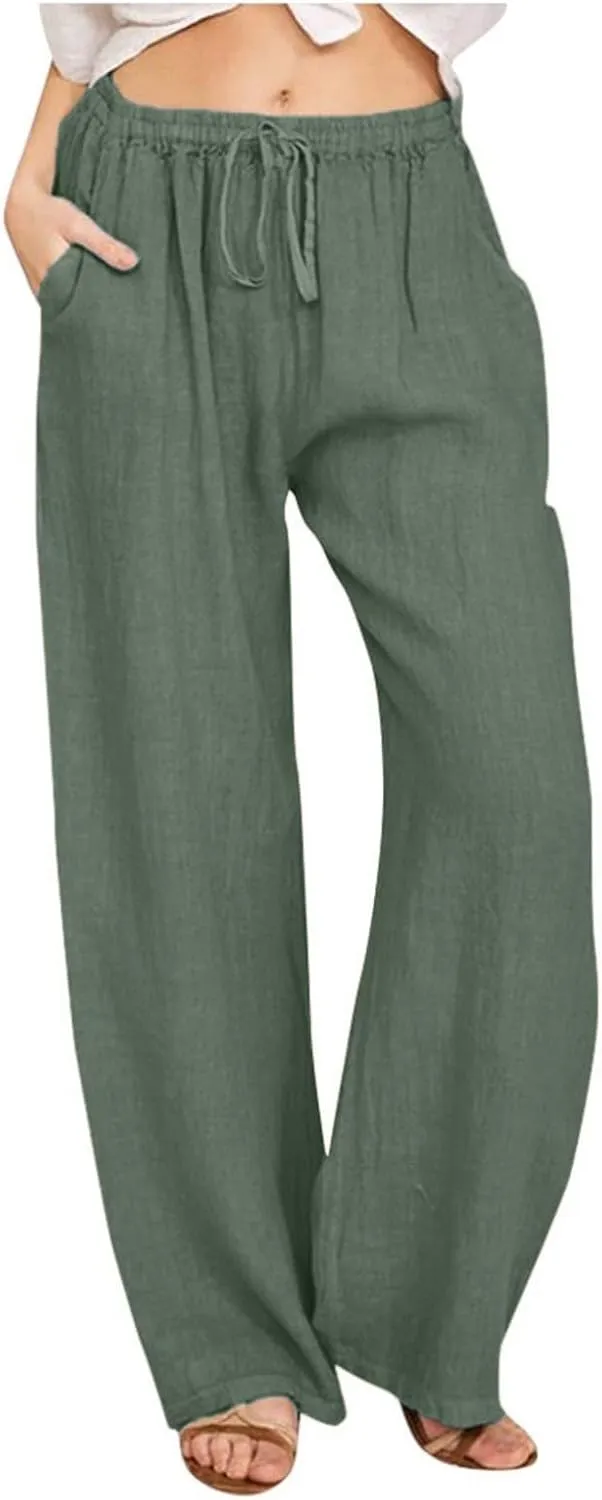 Linen Wide Leg Pants for Women Cotton Boho Elastic Waist Pants with Pockets 2025 Summer Business Causal Palazzo Pants