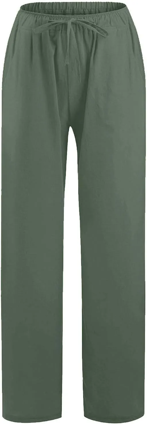 Linen Wide Leg Pants for Women Cotton Boho Elastic Waist Pants with Pockets 2025 Summer Business Causal Palazzo Pants