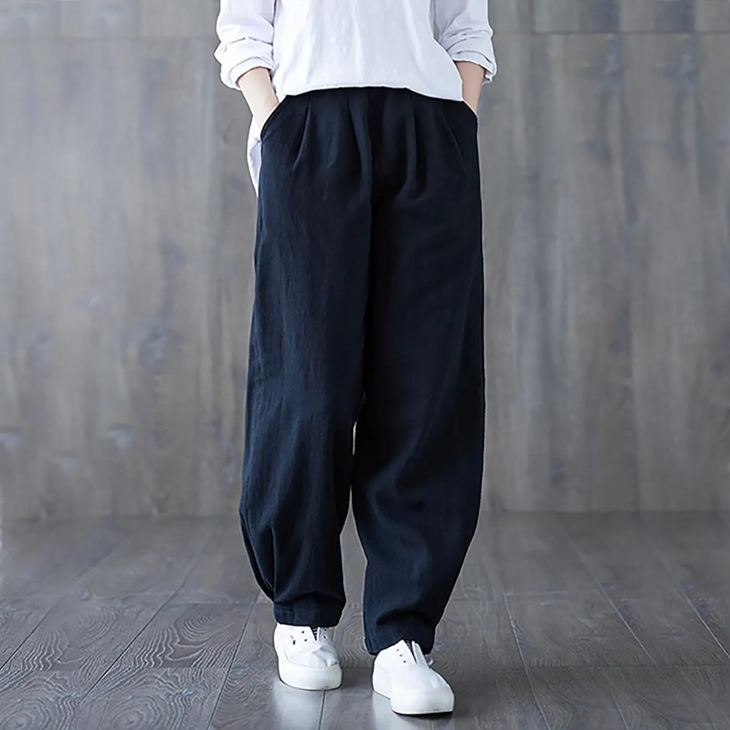 Lmdudan Women's Cotton Linen Straight Wide Leg Pants Elastic Waist Palazzo Trousers 2025 Summer Solid Lounge Pant with Pocket