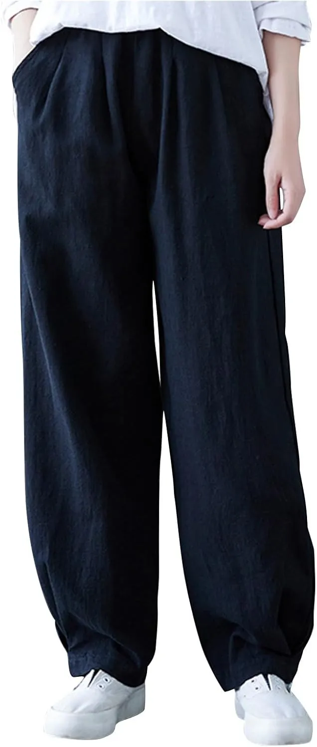 Lmdudan Women's Cotton Linen Straight Wide Leg Pants Elastic Waist Palazzo Trousers 2025 Summer Solid Lounge Pant with Pocket