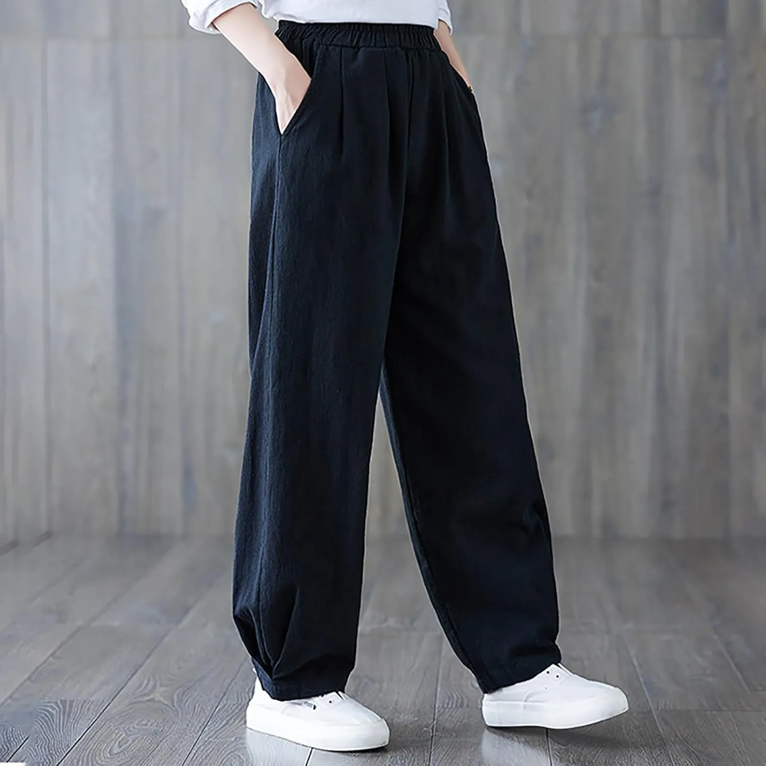 Lmdudan Women's Cotton Linen Straight Wide Leg Pants Elastic Waist Palazzo Trousers 2025 Summer Solid Lounge Pant with Pocket