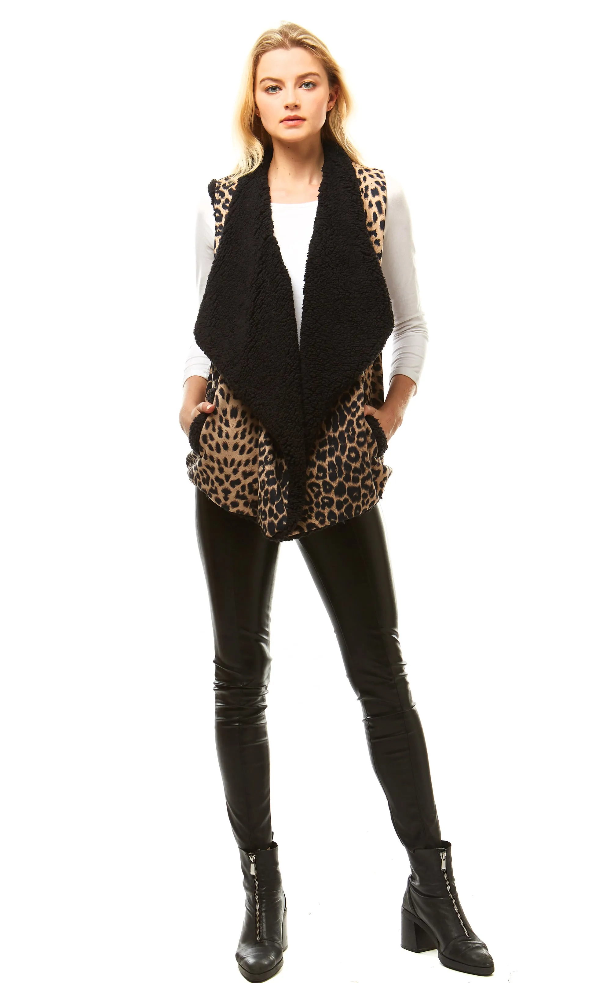 LOF941 Leopard Print Faux Fur Linning Vest