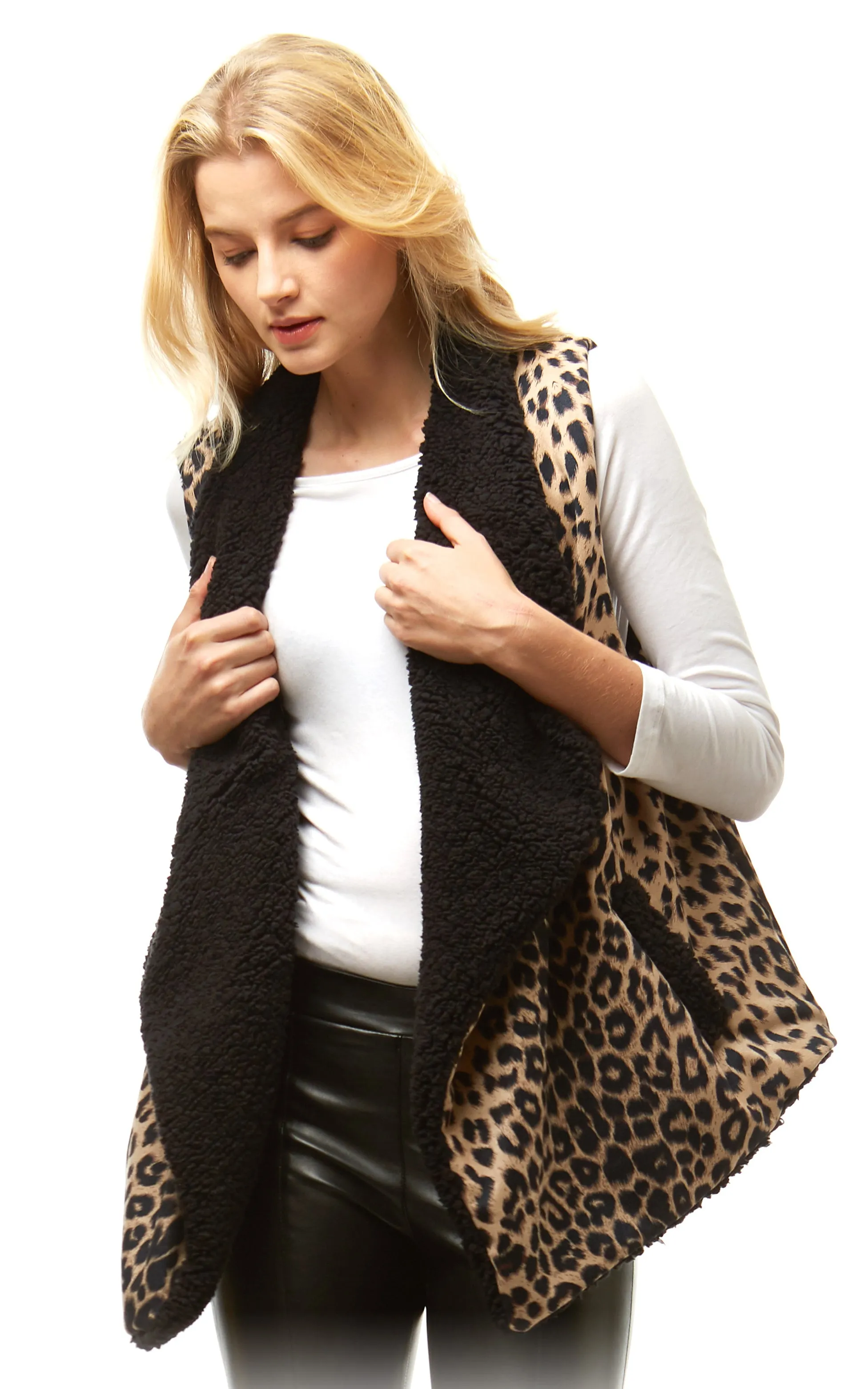 LOF941 Leopard Print Faux Fur Linning Vest