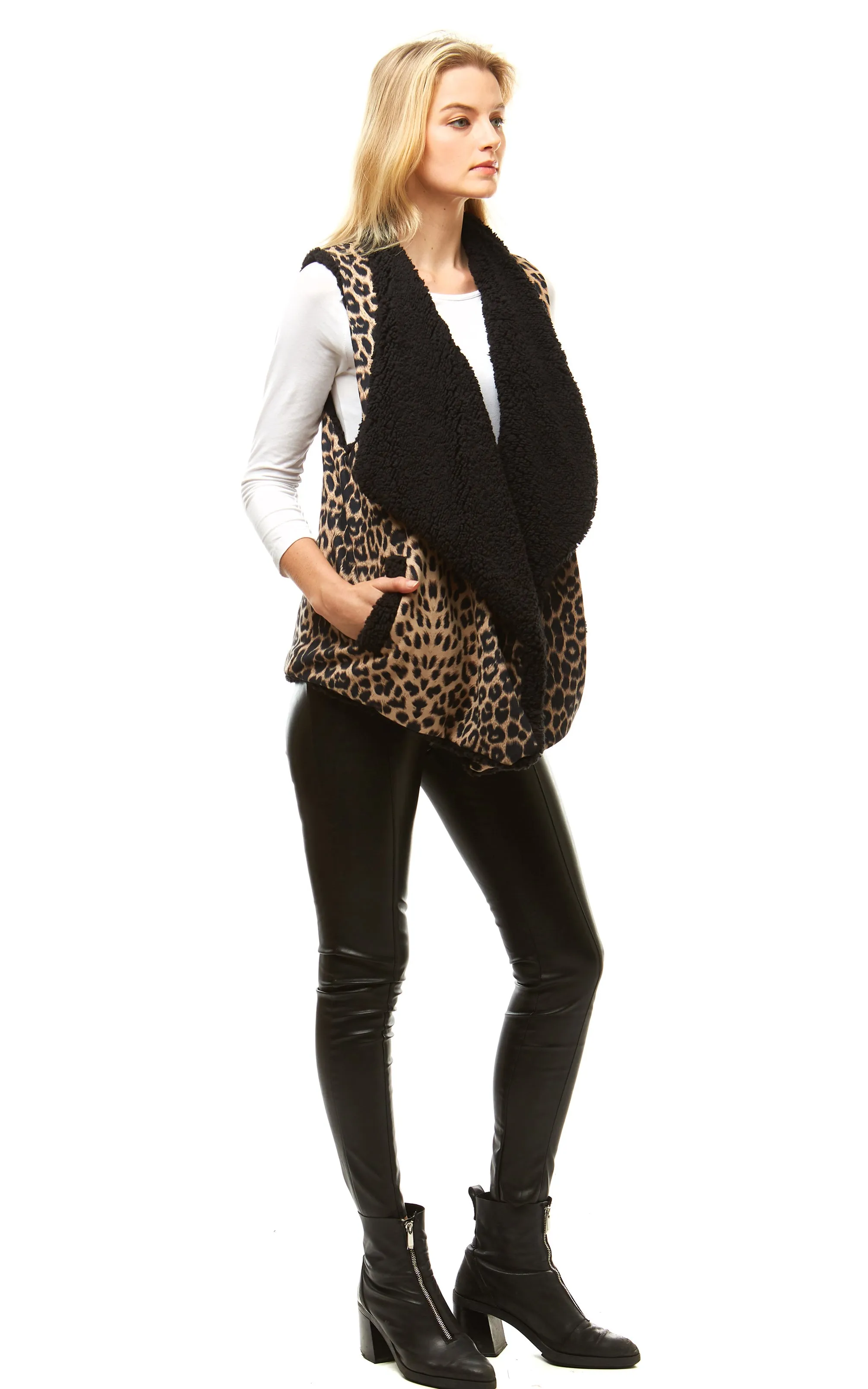 LOF941 Leopard Print Faux Fur Linning Vest