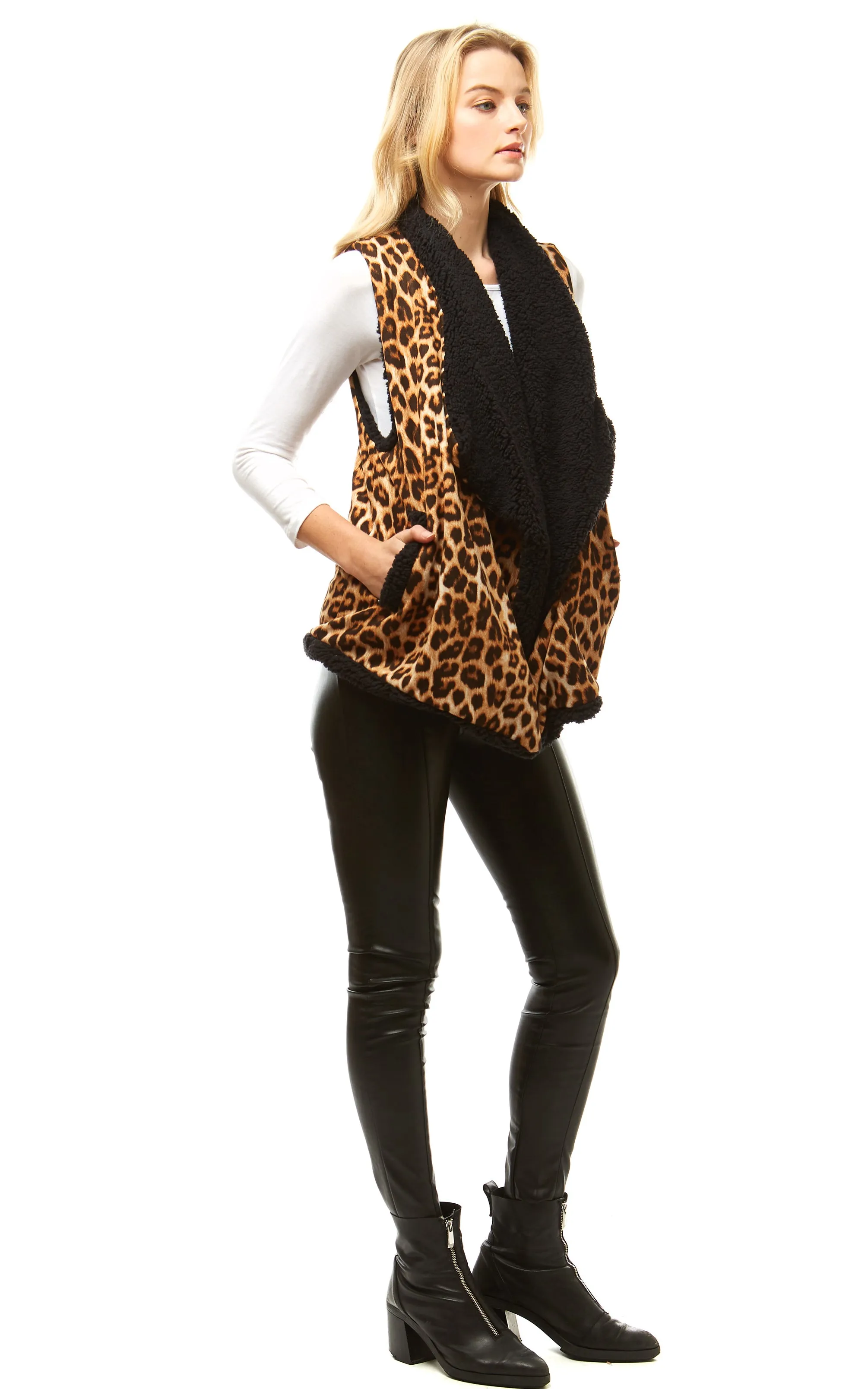 LOF941 Leopard Print Faux Fur Linning Vest