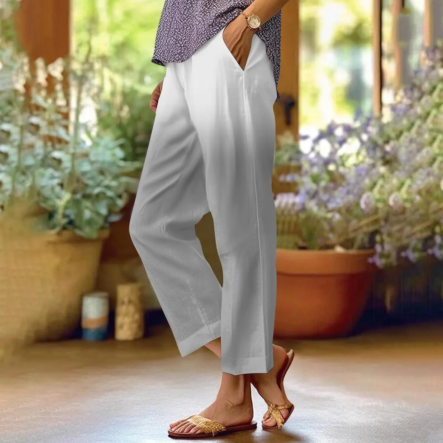 Lounge Pants Women Petite Linen Elastic Waisted Drawstring Pants with Pockets Solid Casual Summer Cropped Pants