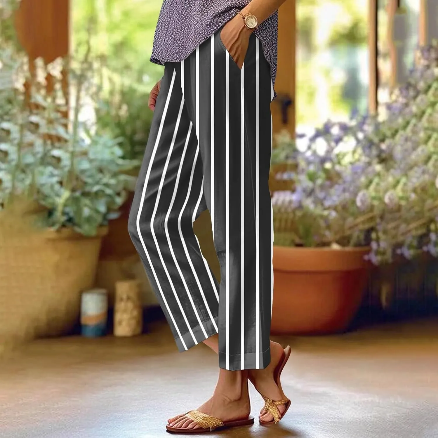 Lounge Pants Women Petite Linen Elastic Waisted Drawstring Pants with Pockets Solid Casual Summer Cropped Pants
