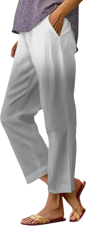 Lounge Pants Women Petite Linen Elastic Waisted Drawstring Pants with Pockets Solid Casual Summer Cropped Pants