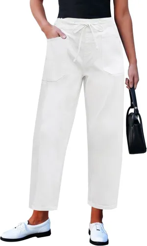 luvamia Barrel Jeans Women Trendy High Waisted Pull On Drawstring Elastic Waist Stretchy Denim Pants with Utility Pocket