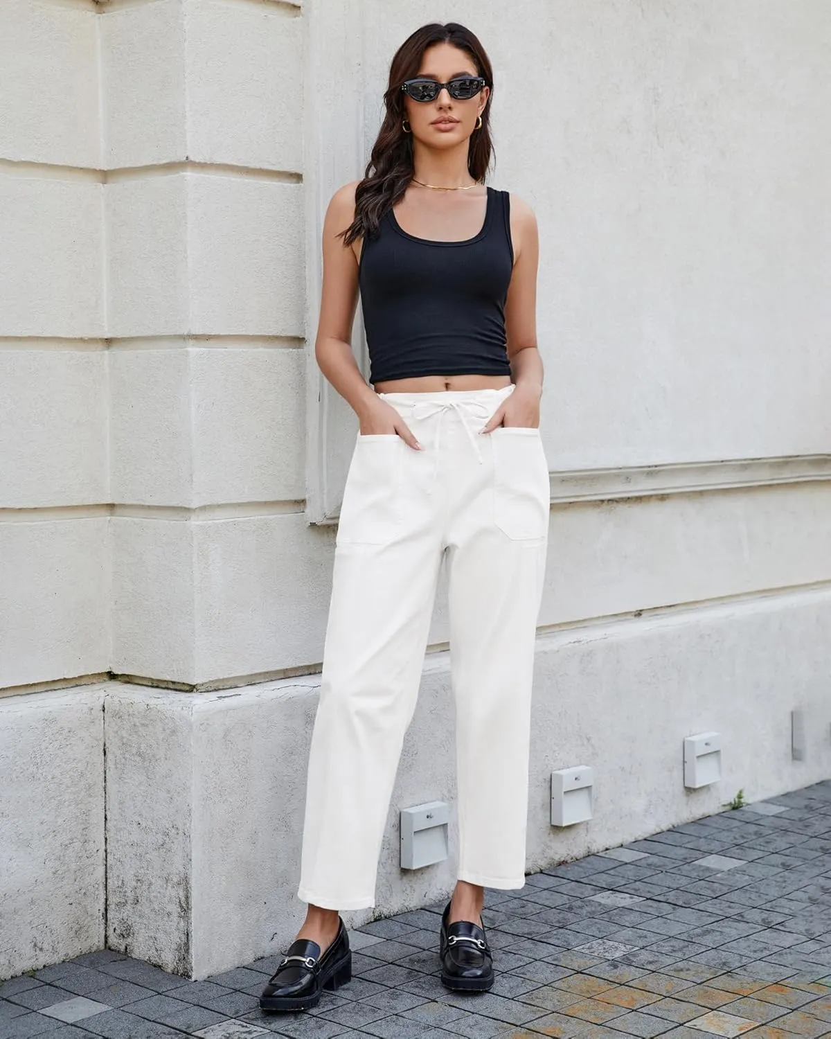 luvamia Barrel Jeans Women Trendy High Waisted Pull On Drawstring Elastic Waist Stretchy Denim Pants with Utility Pocket