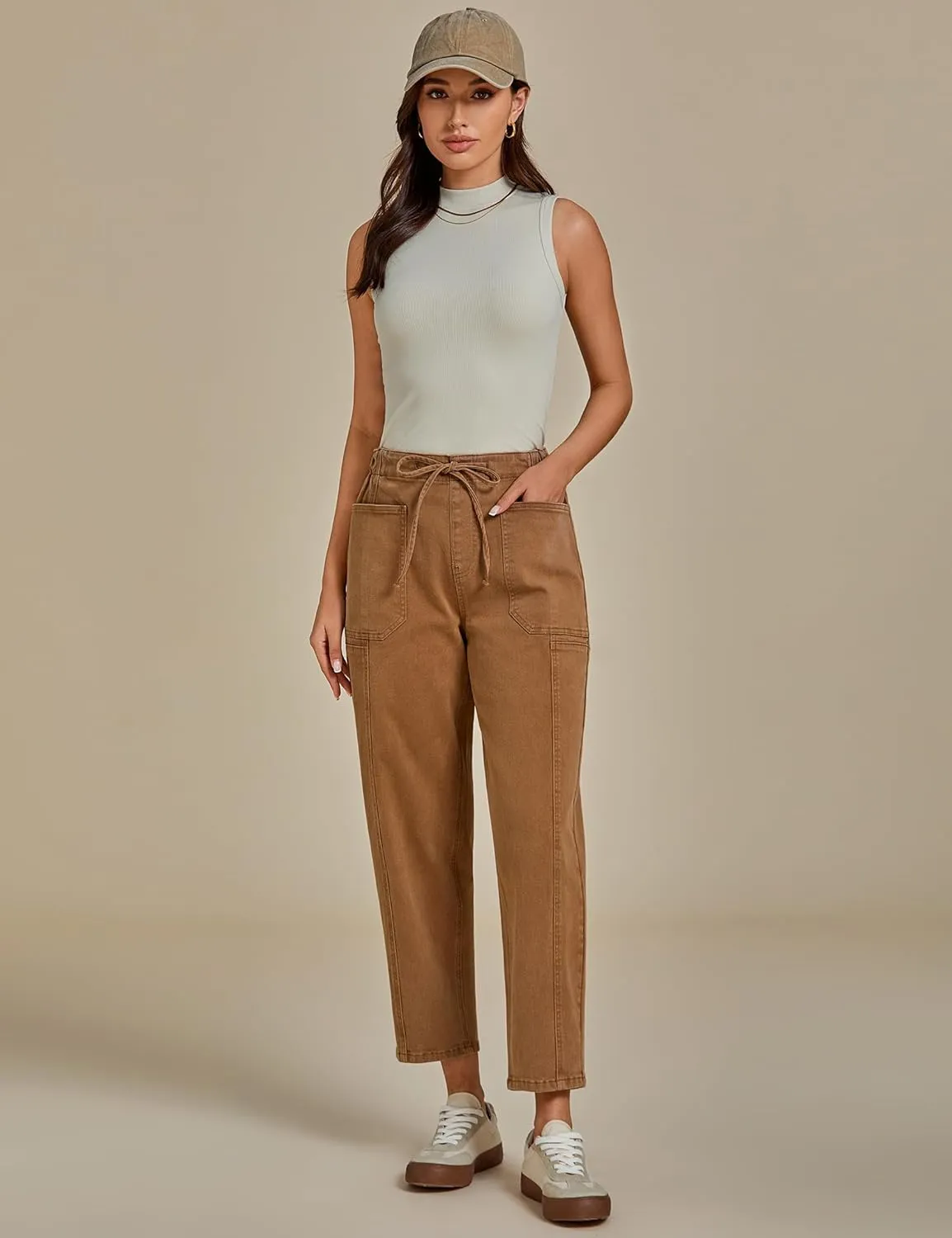 luvamia Barrel Jeans Women Trendy High Waisted Pull On Drawstring Elastic Waist Stretchy Denim Pants with Utility Pocket