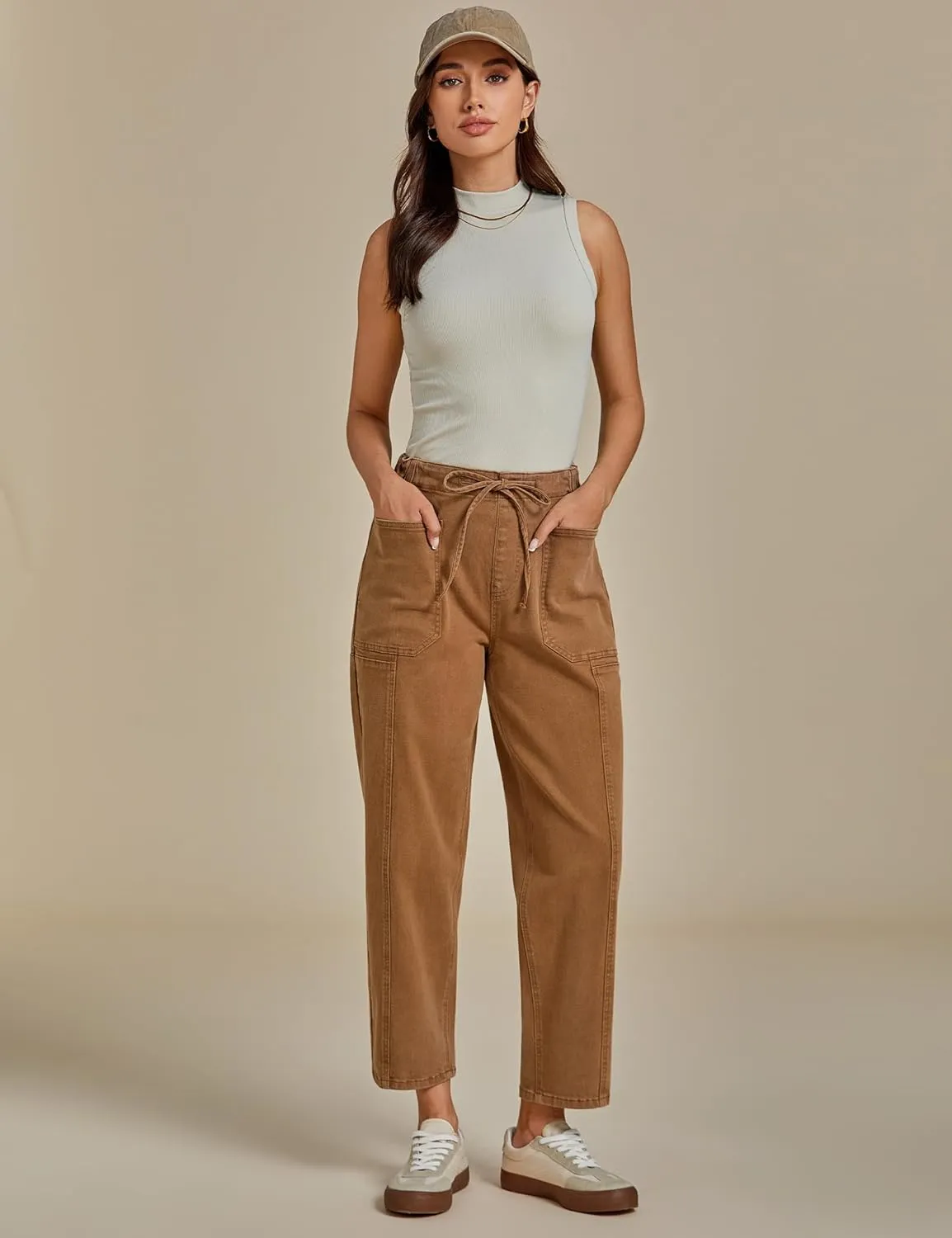 luvamia Barrel Jeans Women Trendy High Waisted Pull On Drawstring Elastic Waist Stretchy Denim Pants with Utility Pocket