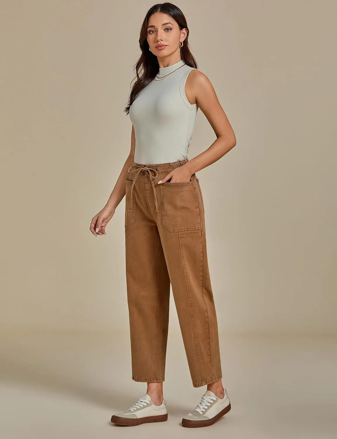 luvamia Barrel Jeans Women Trendy High Waisted Pull On Drawstring Elastic Waist Stretchy Denim Pants with Utility Pocket