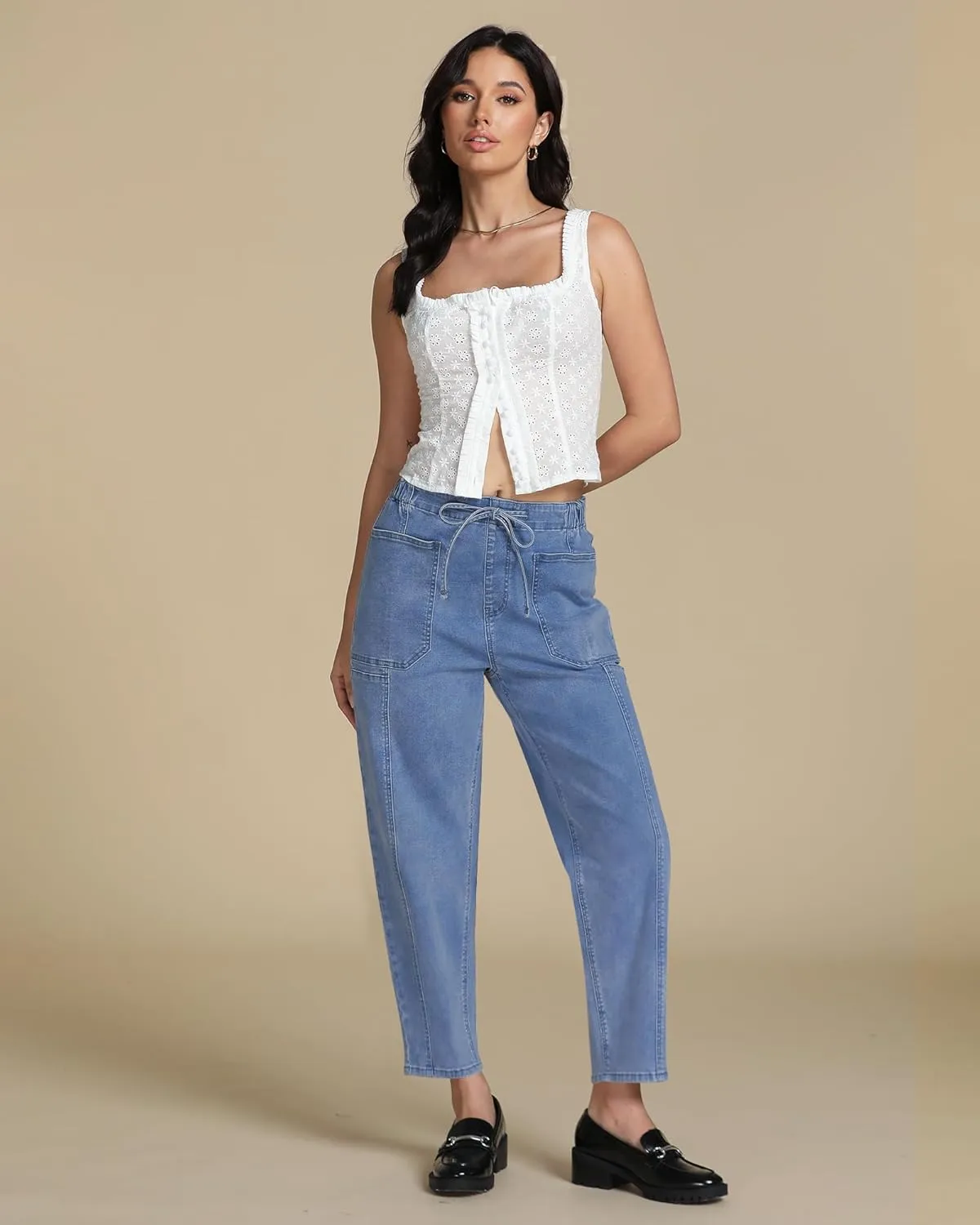 luvamia Barrel Jeans Women Trendy High Waisted Pull On Drawstring Elastic Waist Stretchy Denim Pants with Utility Pocket