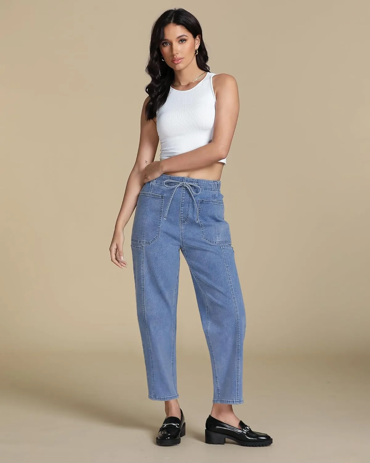 luvamia Barrel Jeans Women Trendy High Waisted Pull On Drawstring Elastic Waist Stretchy Denim Pants with Utility Pocket