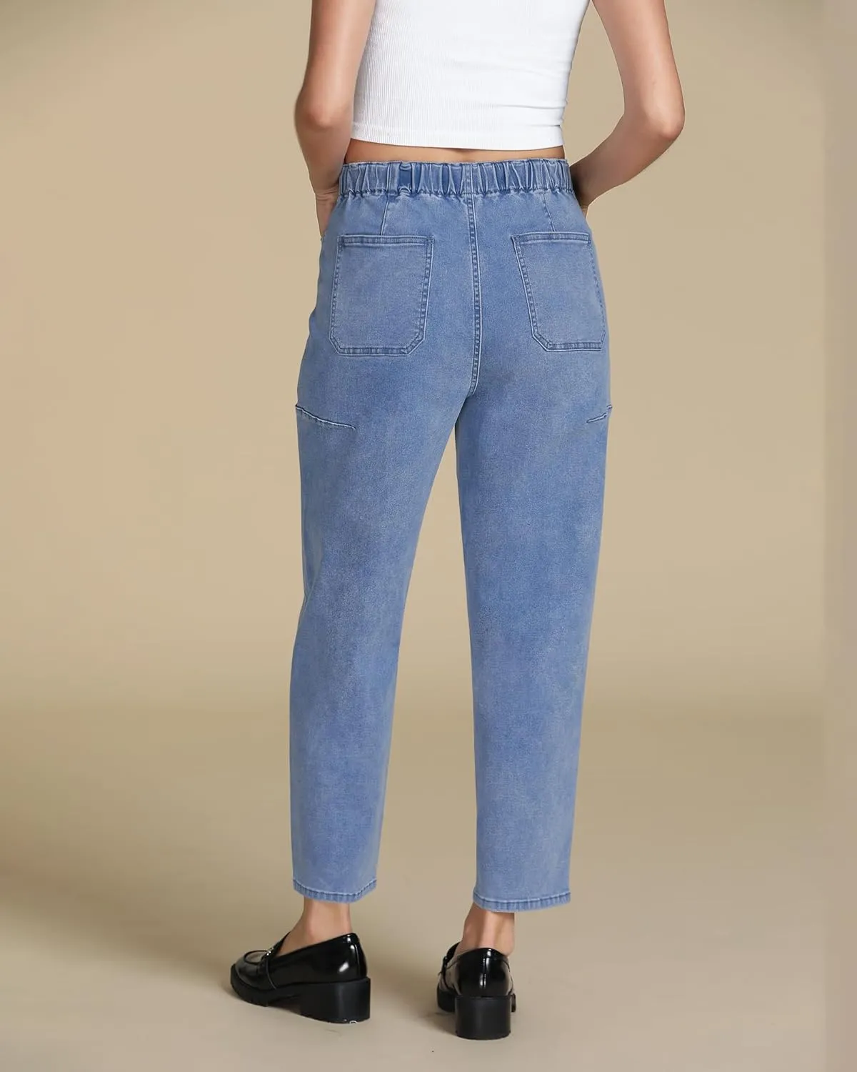 luvamia Barrel Jeans Women Trendy High Waisted Pull On Drawstring Elastic Waist Stretchy Denim Pants with Utility Pocket