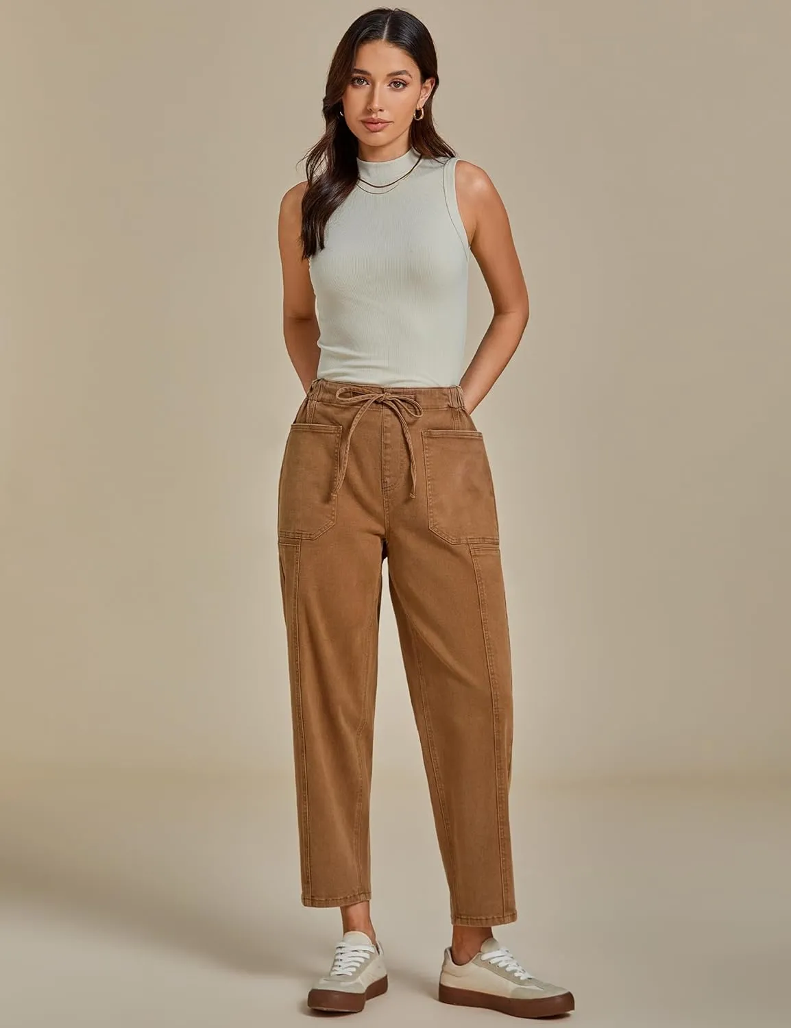 luvamia Barrel Jeans Women Trendy High Waisted Pull On Drawstring Elastic Waist Stretchy Denim Pants with Utility Pocket
