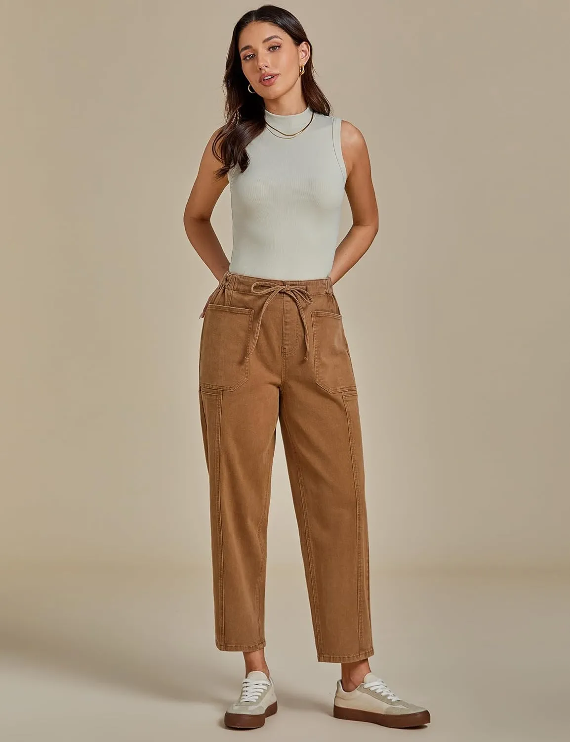 luvamia Barrel Jeans Women Trendy High Waisted Pull On Drawstring Elastic Waist Stretchy Denim Pants with Utility Pocket