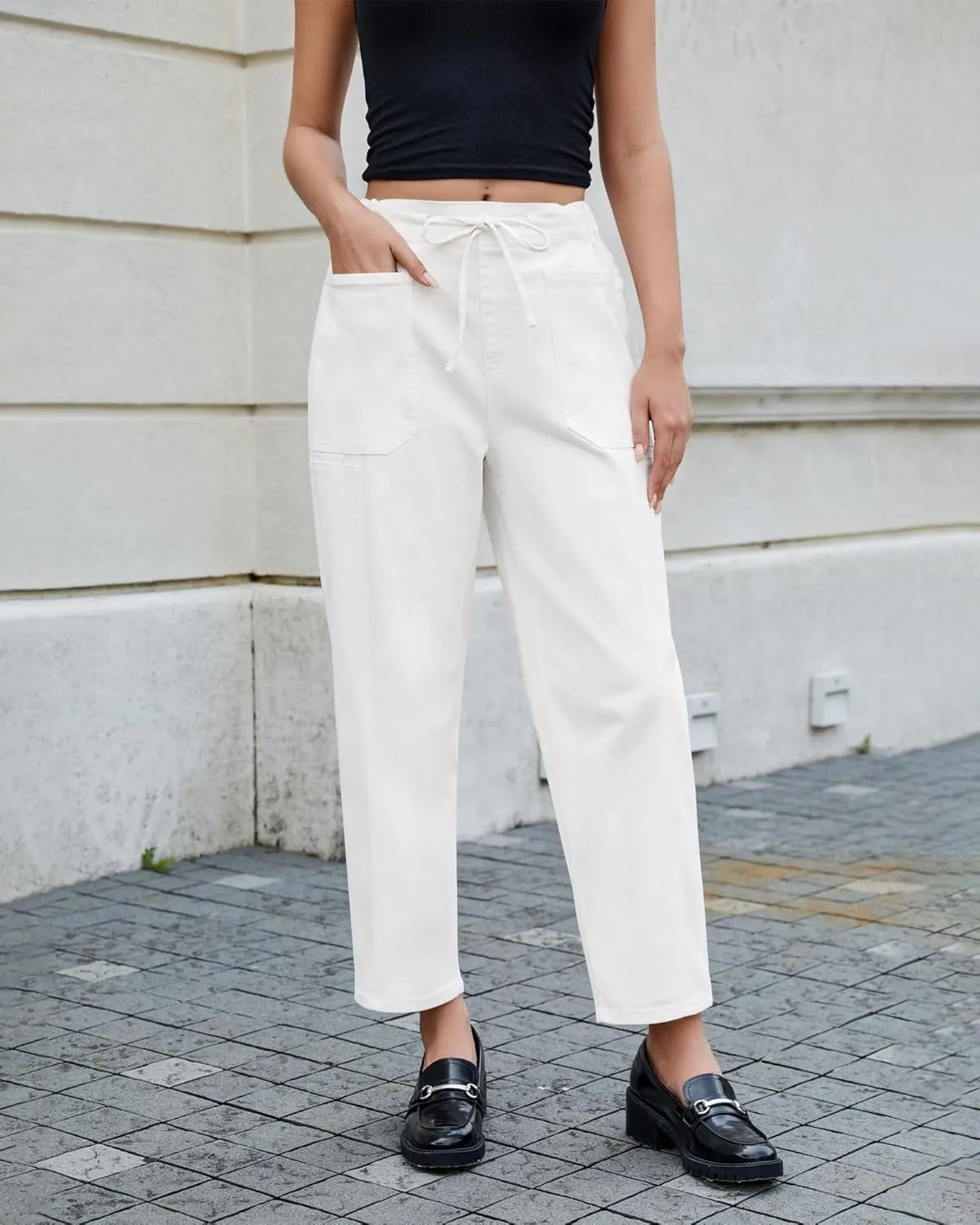 luvamia Barrel Jeans Women Trendy High Waisted Pull On Drawstring Elastic Waist Stretchy Denim Pants with Utility Pocket