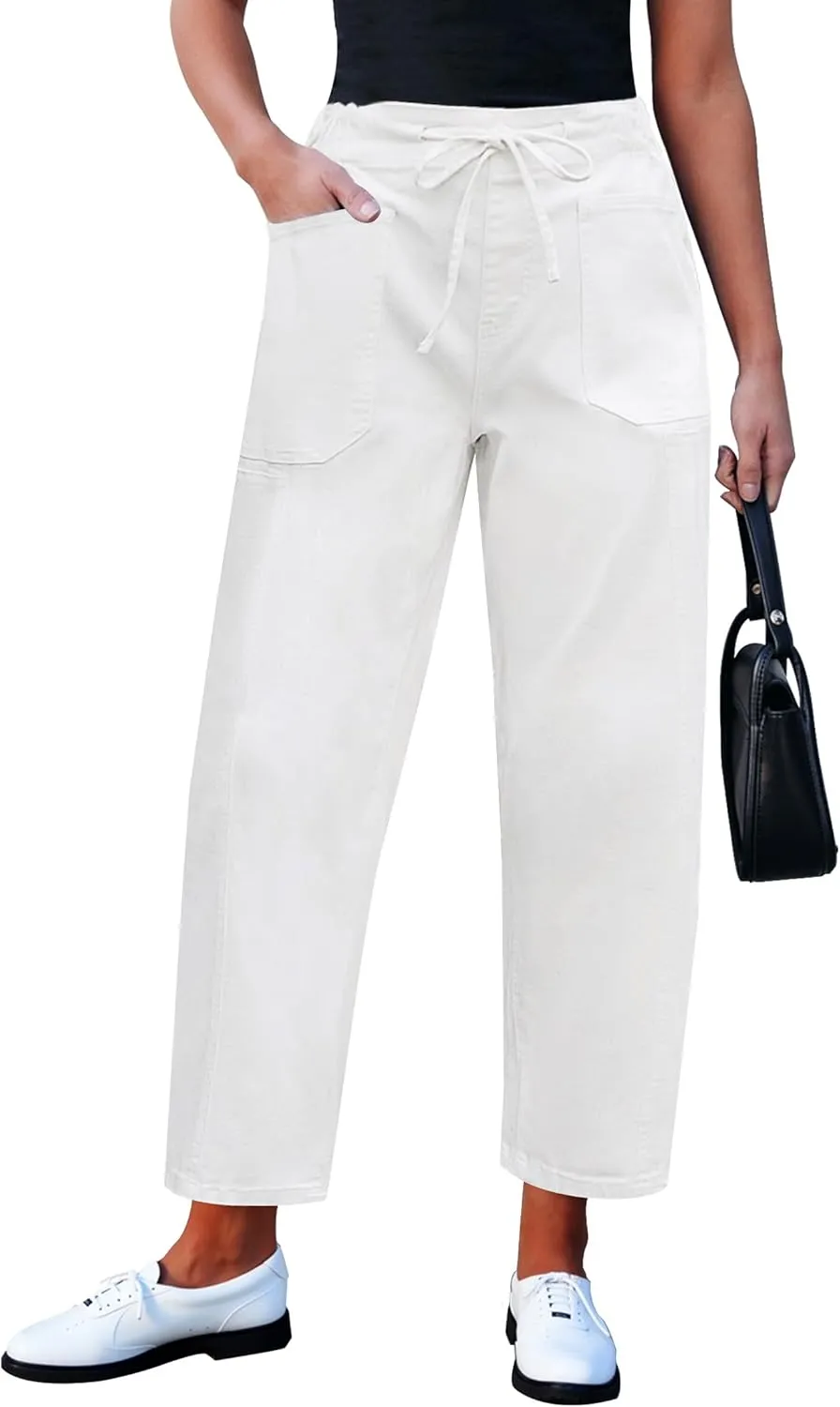 luvamia Barrel Jeans Women Trendy High Waisted Pull On Drawstring Elastic Waist Stretchy Denim Pants with Utility Pocket
