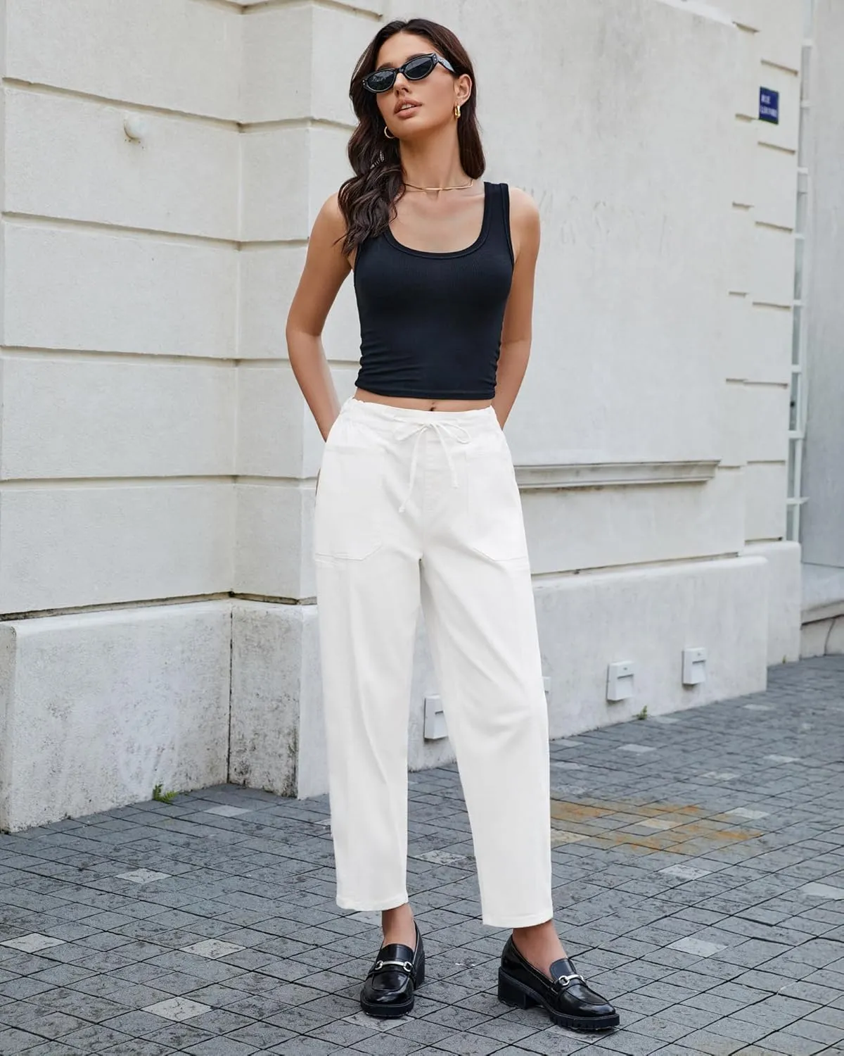 luvamia Barrel Jeans Women Trendy High Waisted Pull On Drawstring Elastic Waist Stretchy Denim Pants with Utility Pocket