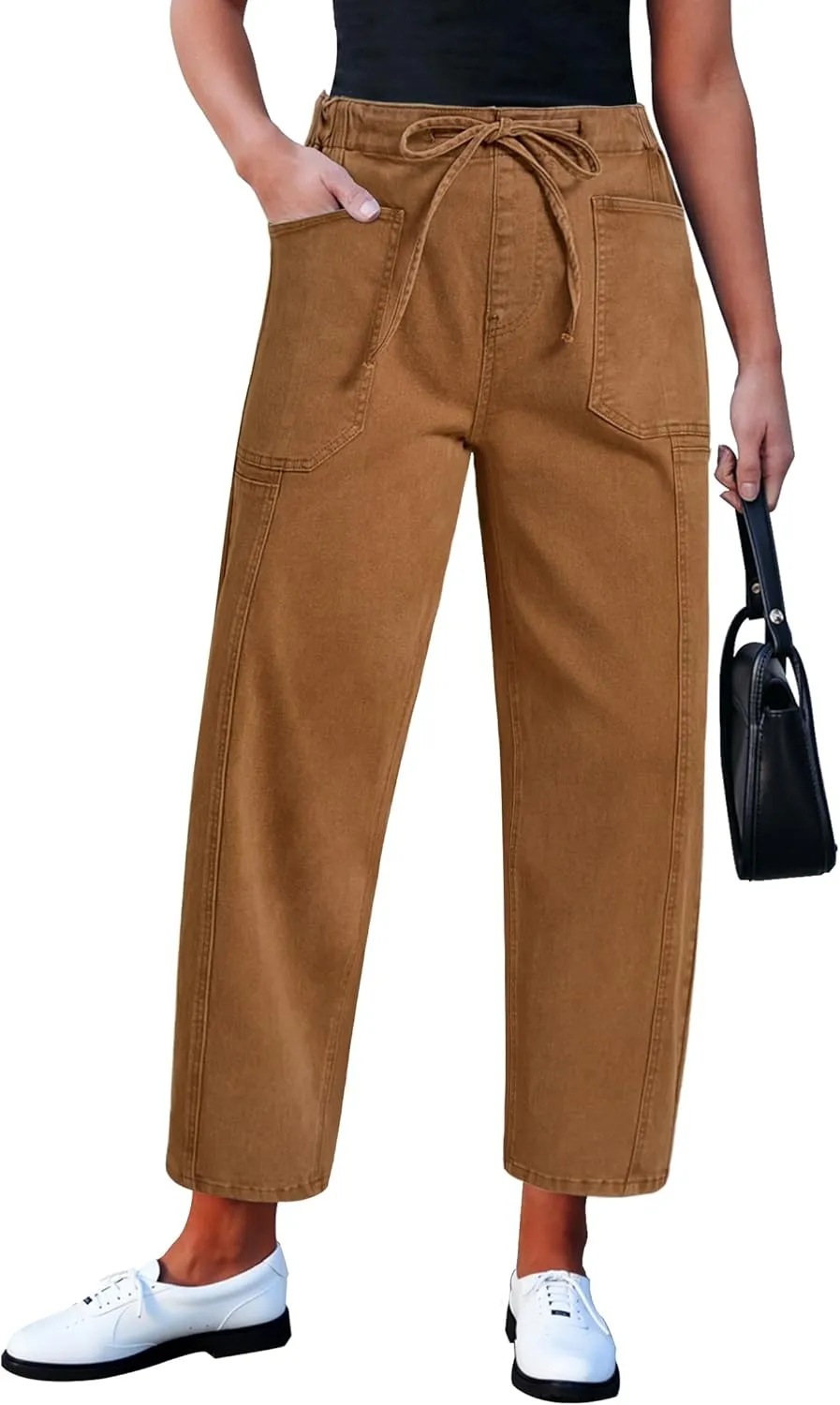 luvamia Barrel Jeans Women Trendy High Waisted Pull On Drawstring Elastic Waist Stretchy Denim Pants with Utility Pocket