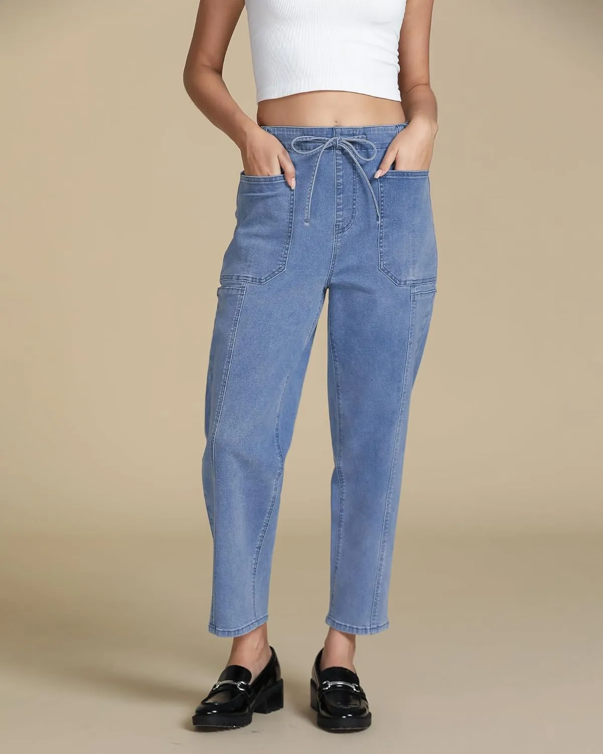 luvamia Barrel Jeans Women Trendy High Waisted Pull On Drawstring Elastic Waist Stretchy Denim Pants with Utility Pocket
