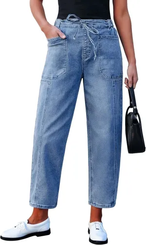 luvamia Barrel Jeans Women Trendy High Waisted Pull On Drawstring Elastic Waist Stretchy Denim Pants with Utility Pocket